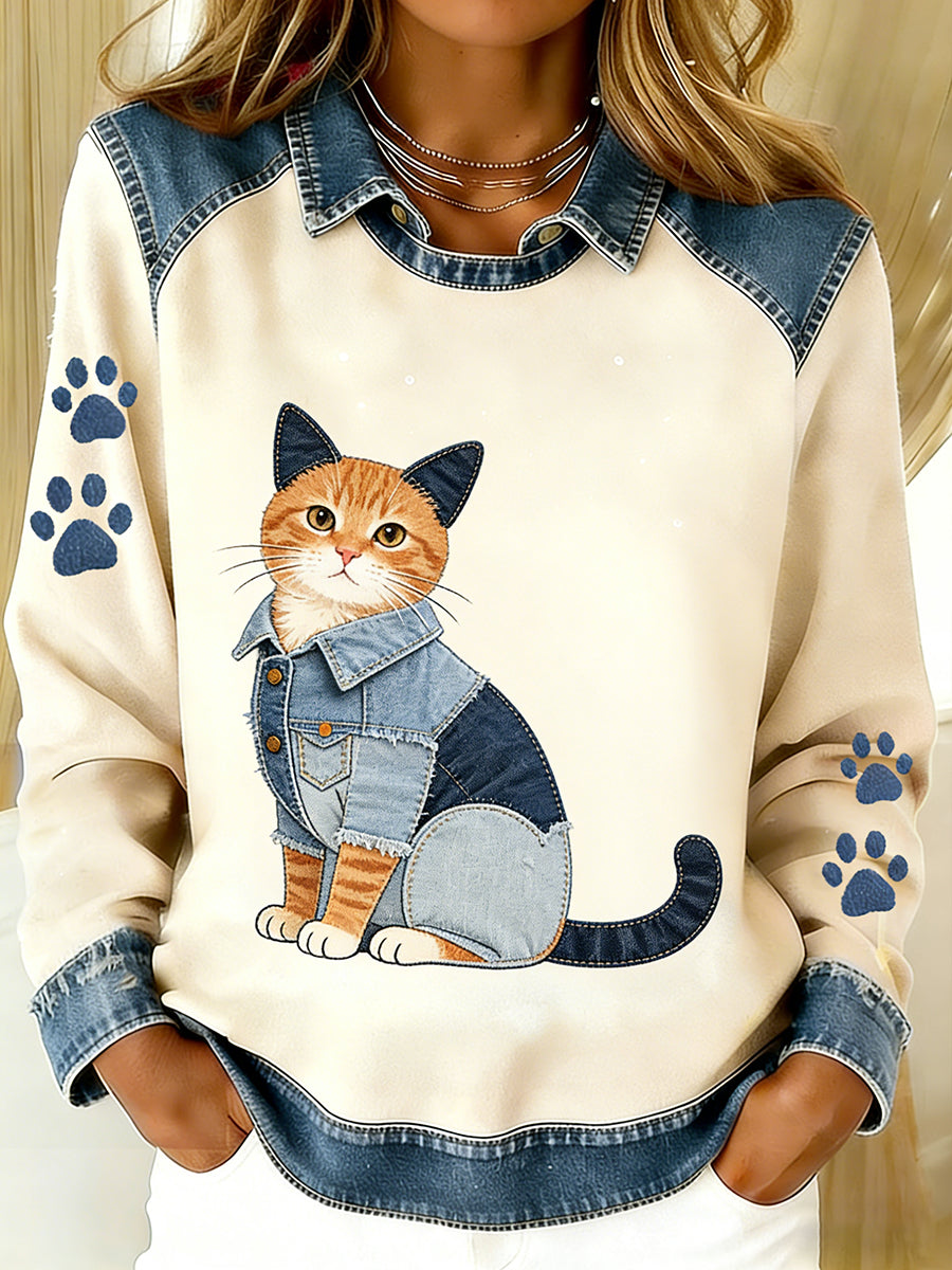 Damen Vintage Denim Patchwork Top mit Tier kunstdruck, lässig und bequem