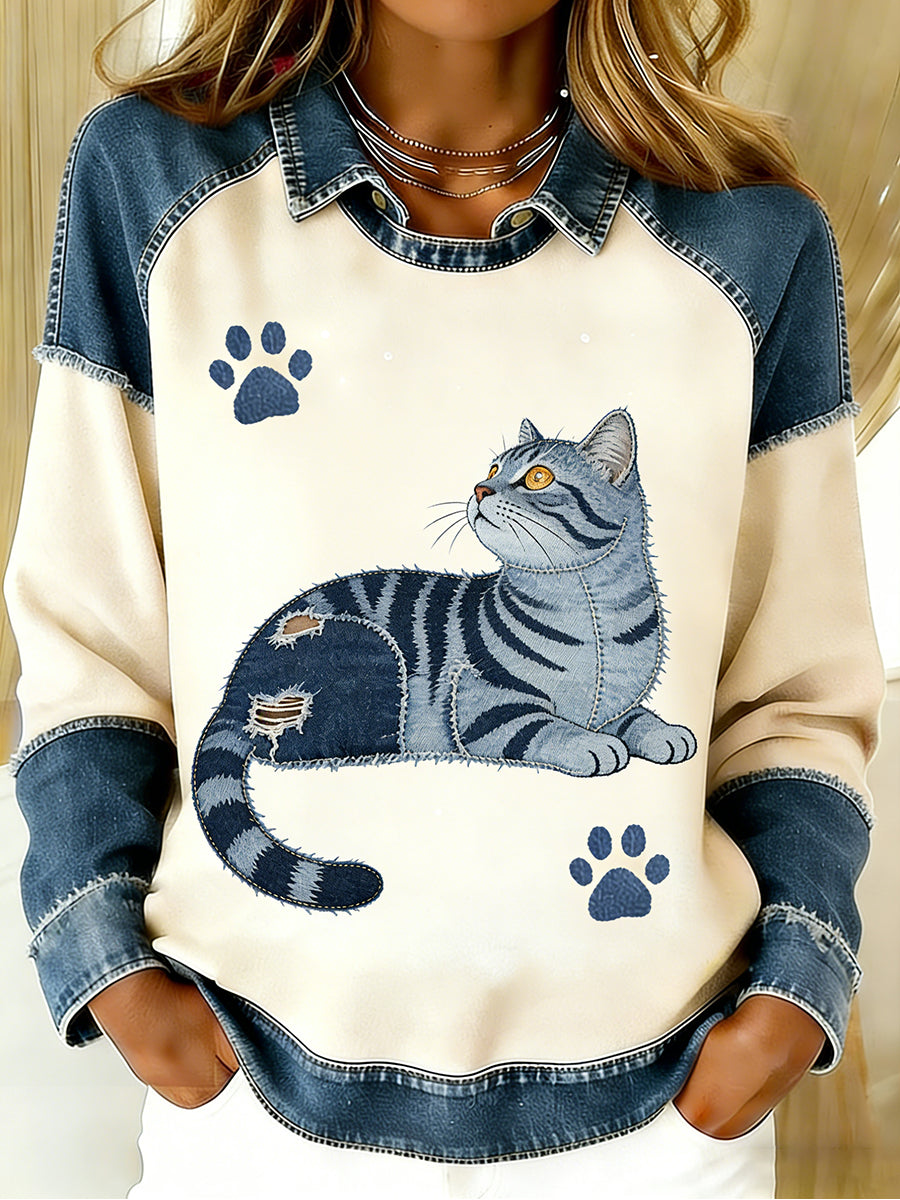 Damen Vintage Denim Patchwork Top mit Tier kunstdruck, lässig und bequem