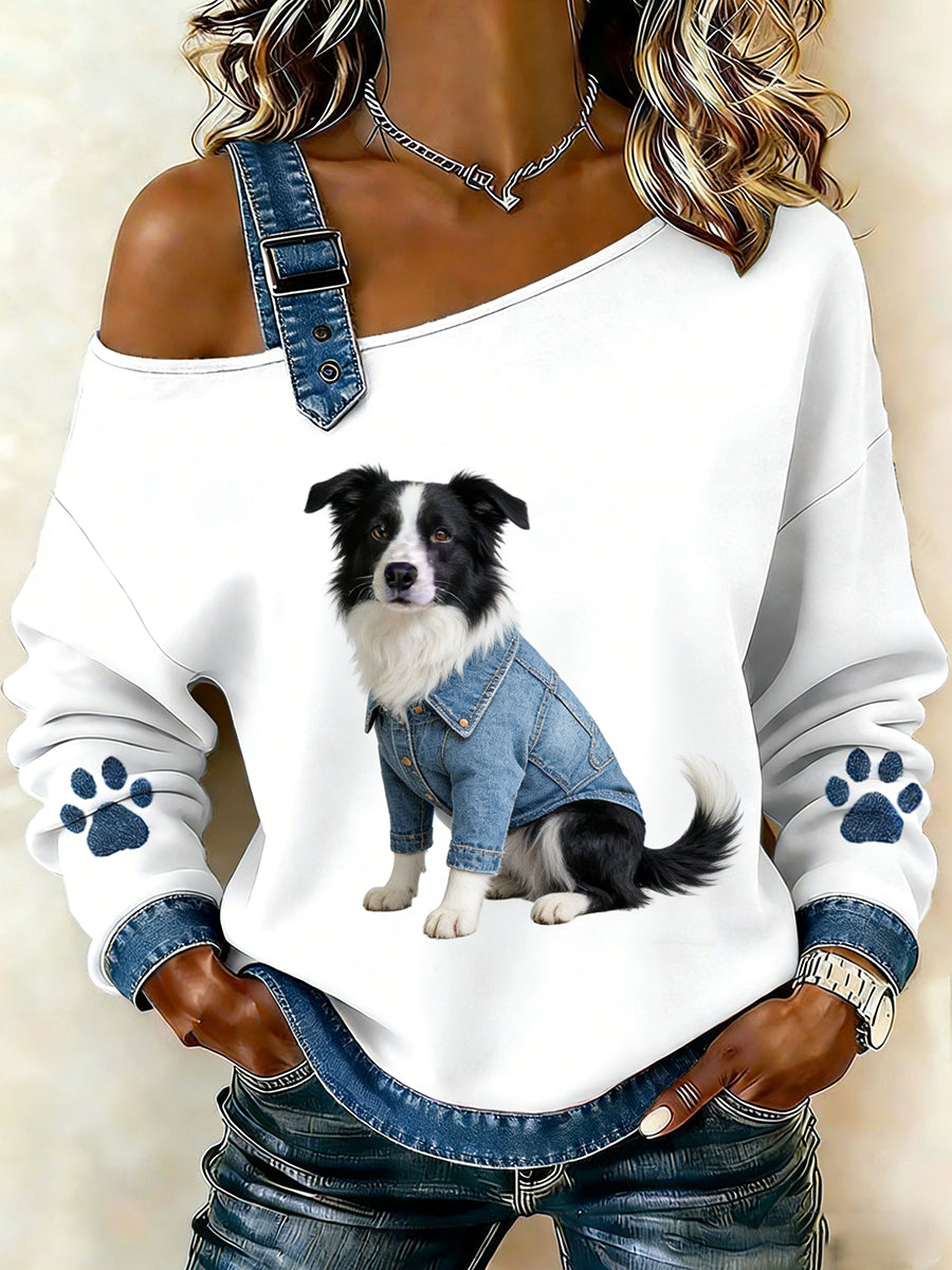 Damen niedliches Animal Print Denim Patchwork Komfortables Top