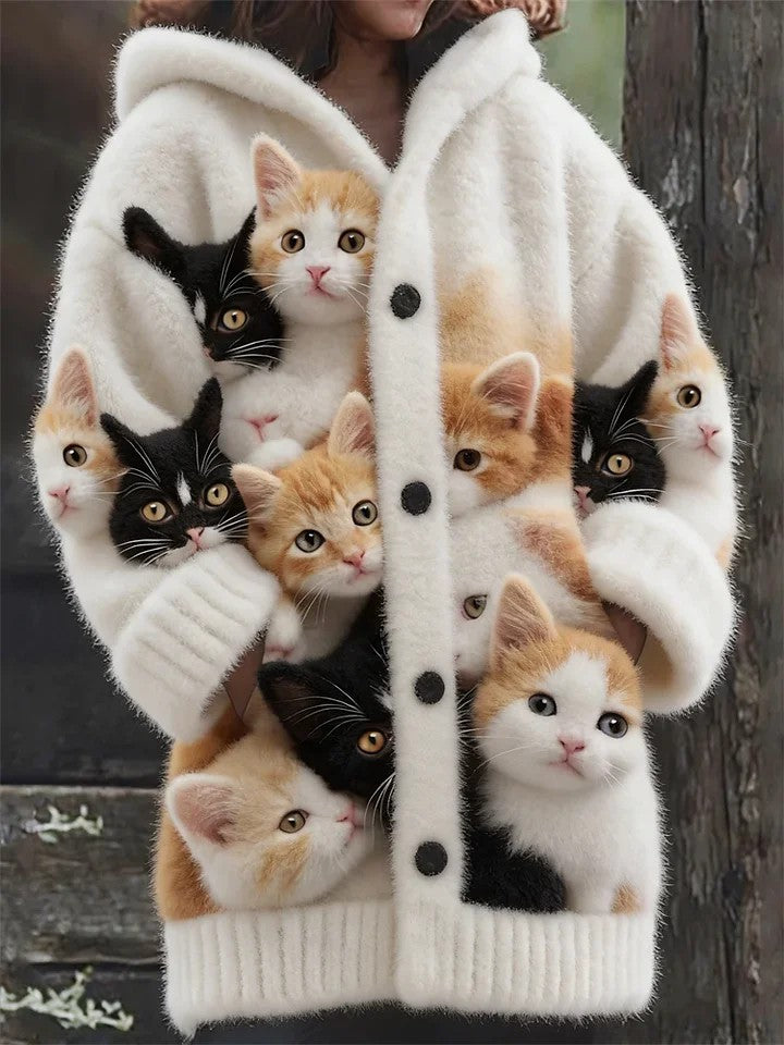 Damen Tier Katze Print Flanell Warme Jacke