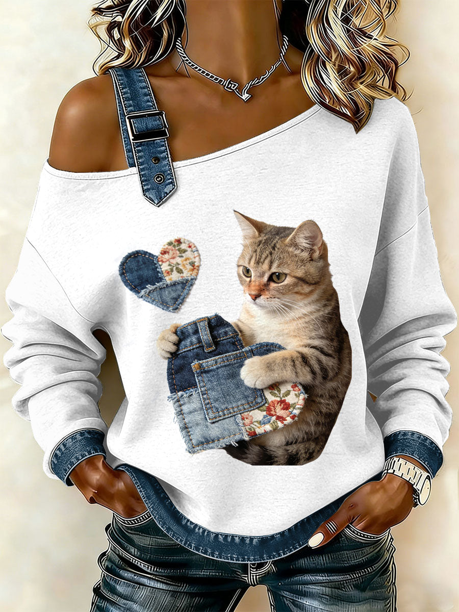 Damen Vintage Cat Patchwork Print lässig schulter freies Sweatshirt