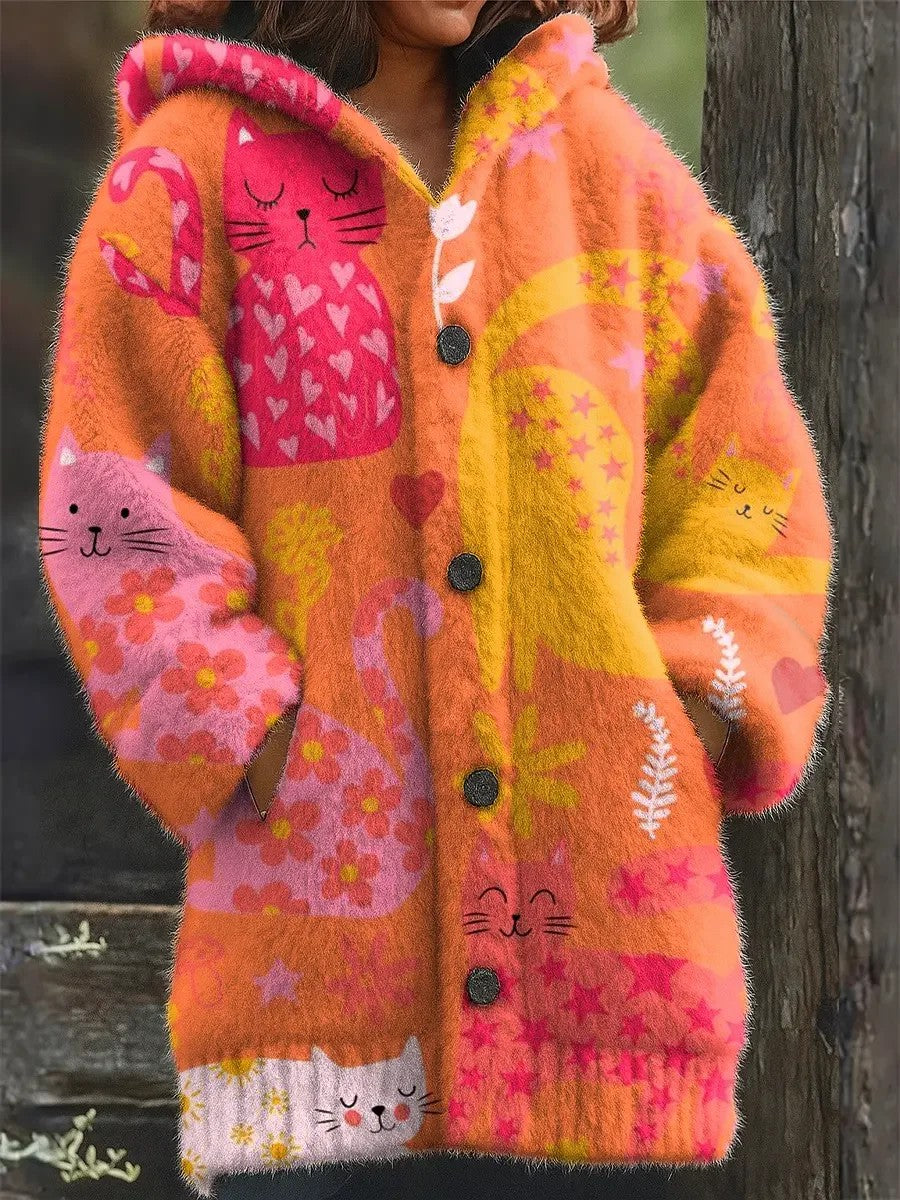 Damen Tier Katze Print Flanell Warme Jacke