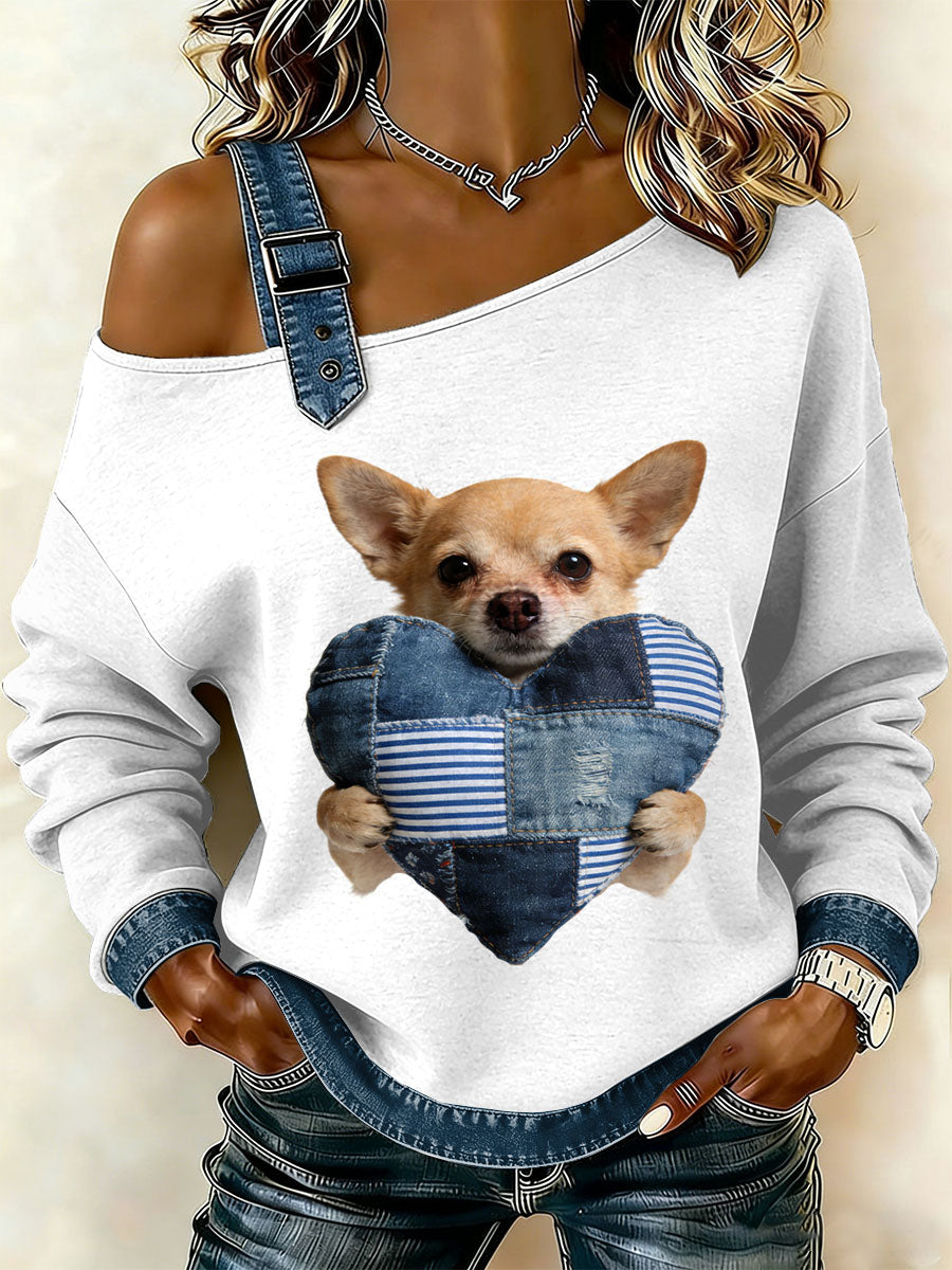 Damen Vintage Hund Patchwork Print lässig schulter freies Sweatshirt
