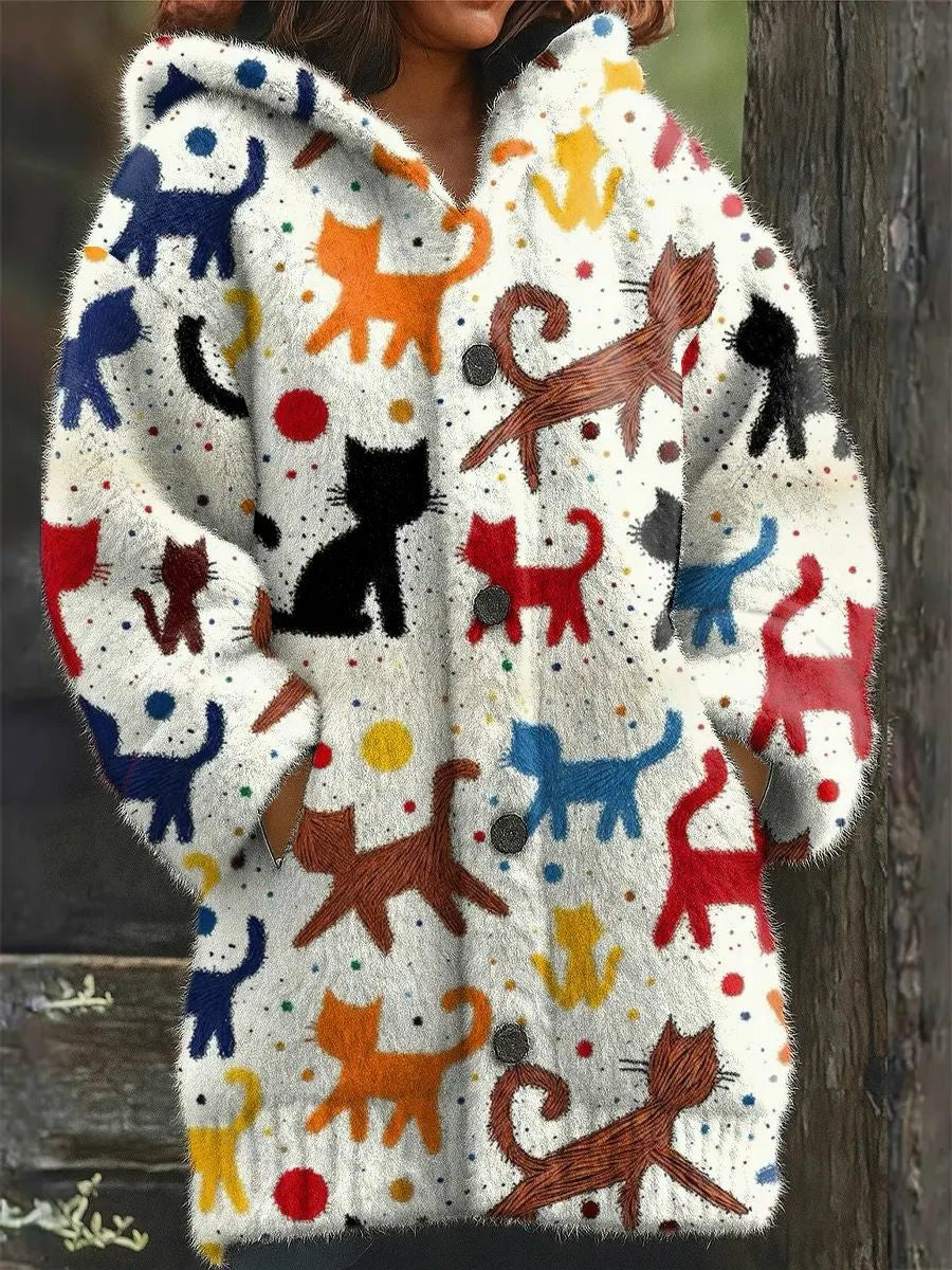 Damen Tier Katze Print Flanell Warme Jacke