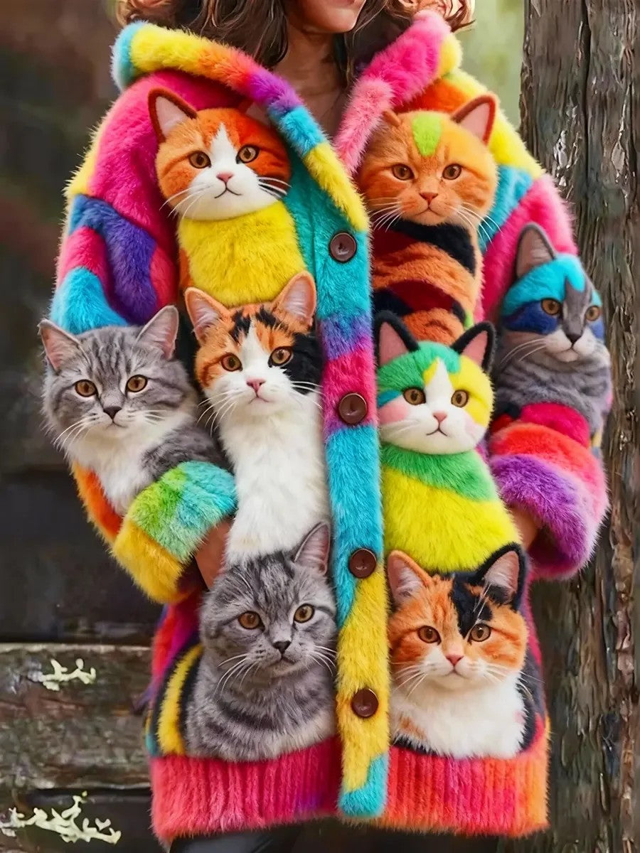 Damen Tier Katze Print Flanell Warme Jacke