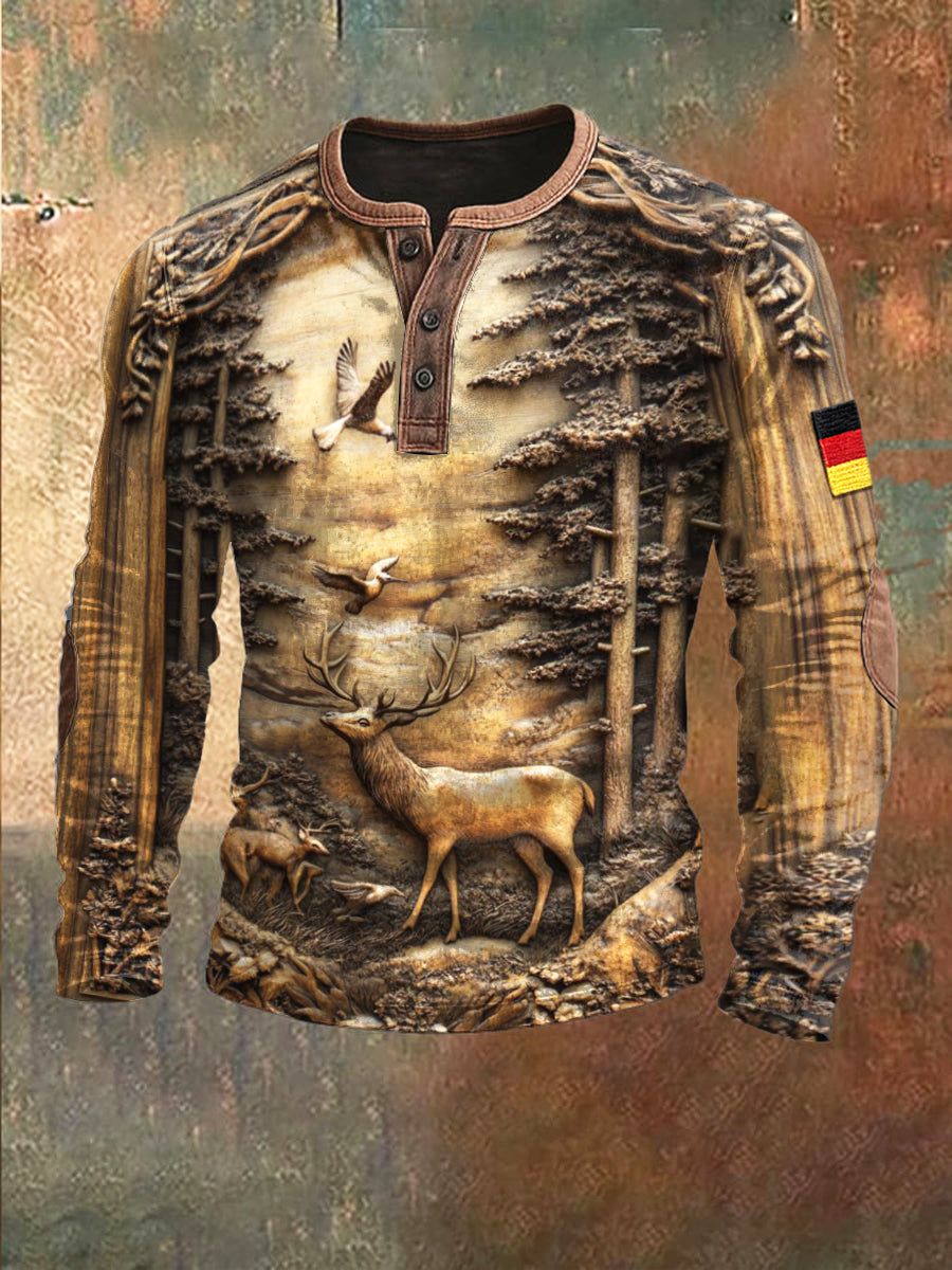Männer Deutsche Mythologie Hirsch Print Patchwork Henley Hals Sweatshirt