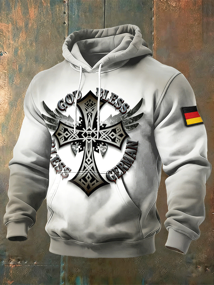 Herren Sweatshirt mit Kapuze mit deutschem Kreuz, grau