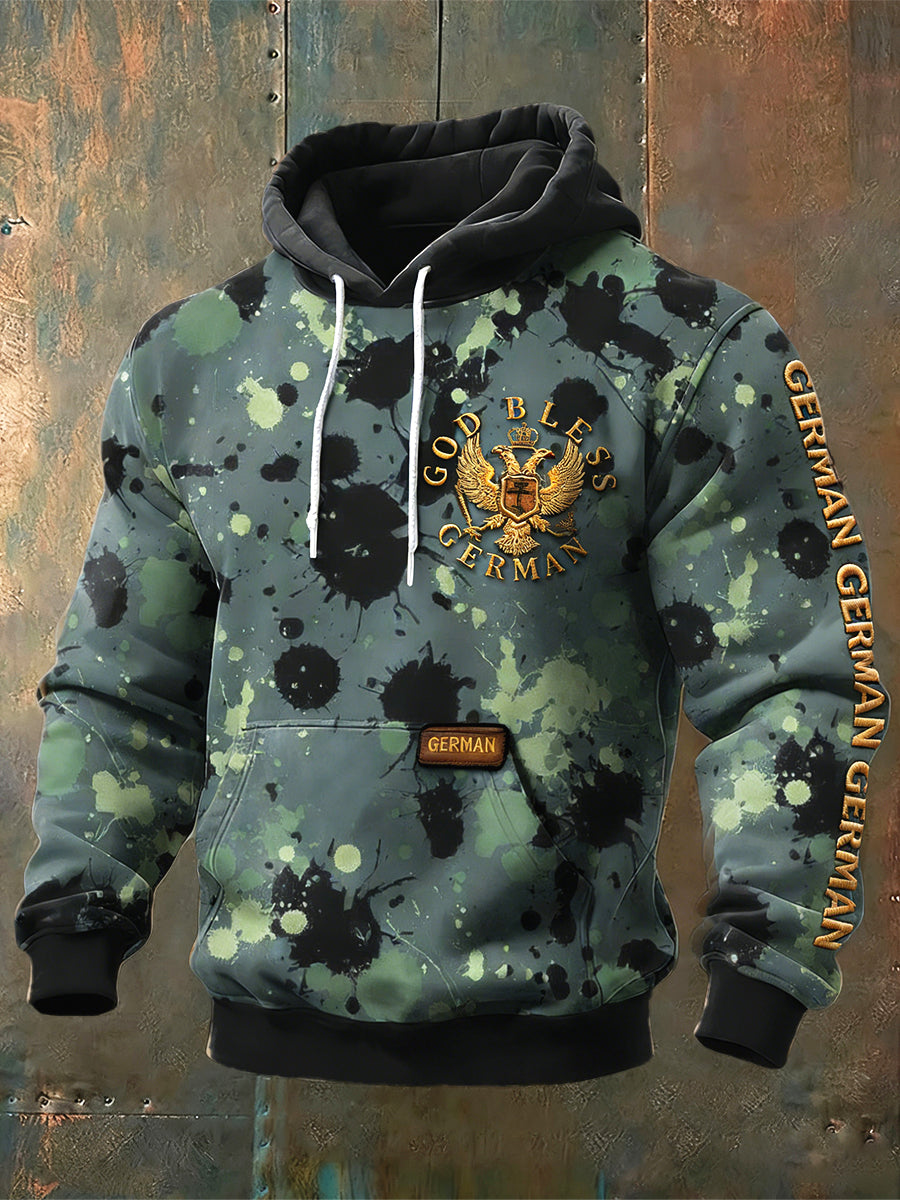 Herren-Kapuzenpullover mit deutschen Adler- und Camouflage-Print im Patchwork-Stil