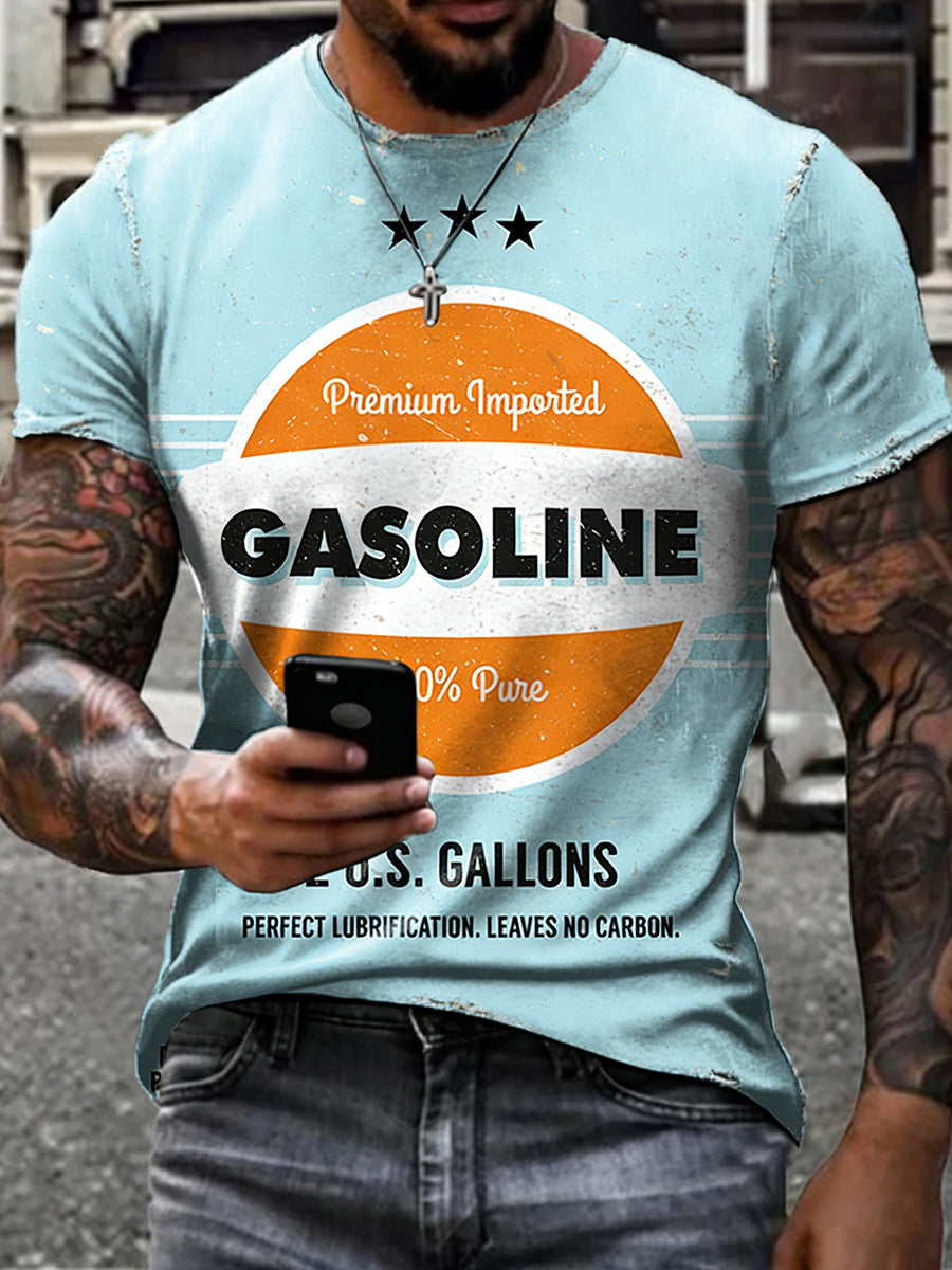 Herren-Retro-Motoröl-Posterdruck-T-Shirt mit kurzen Ärmeln