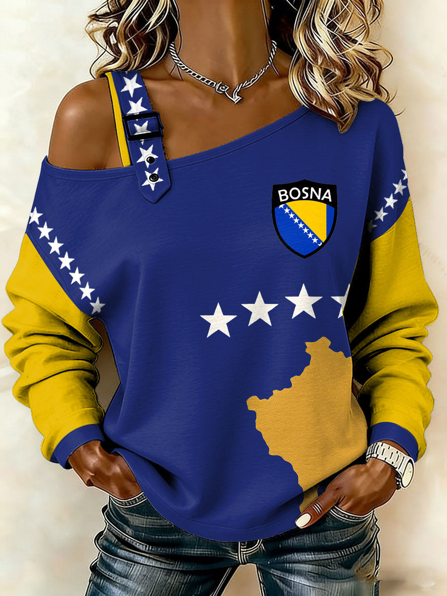 Damen Bosnien Fußballfan ZMAJEVI Bedrucktes Freizeit-Sweatshirt mit Schulterausschnitt