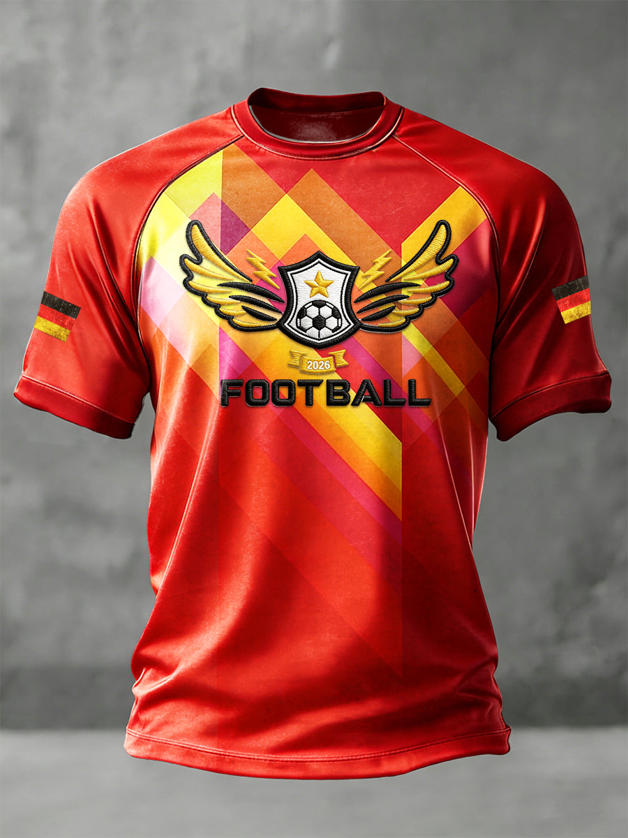 Herren-Rot-deutsches-Fußball-Print-Schulterabfall-Jersey-T-Shirt