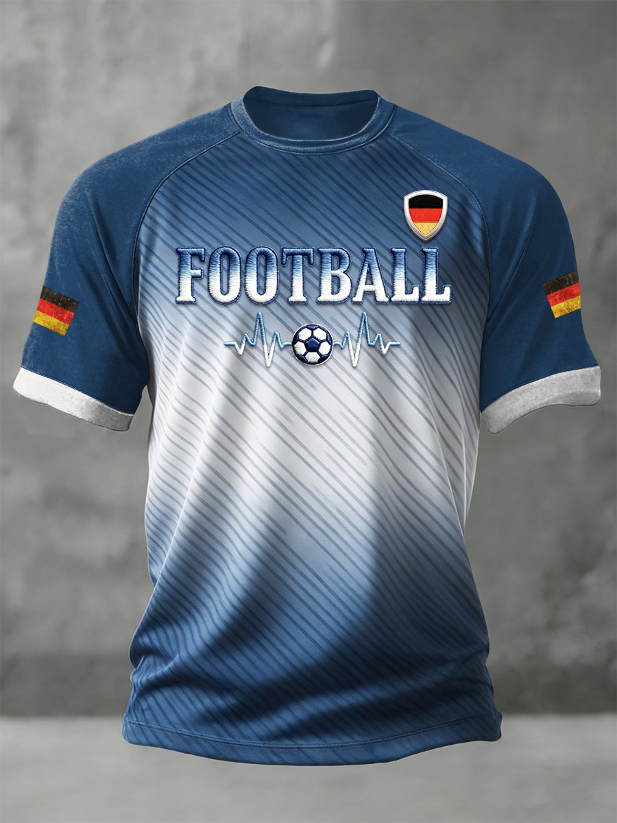Herren-Blau Deutsche Flagge Streifen Fußball-Print Freizeit T-Shirt mit Fallendem Schulterbereich