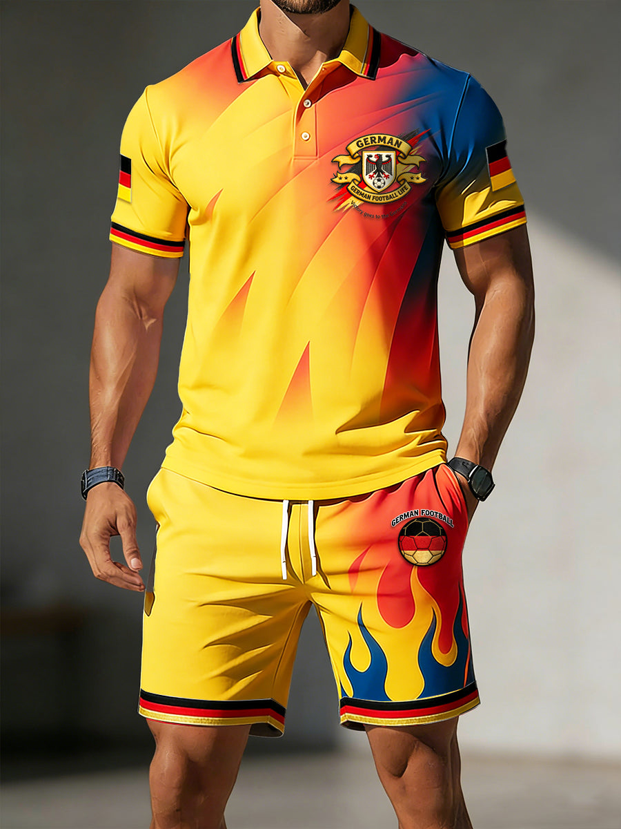 Herren-Set aus Freizeit-Polo-Shirt und Shorts mit Verlaufsmuster im Fußballstil