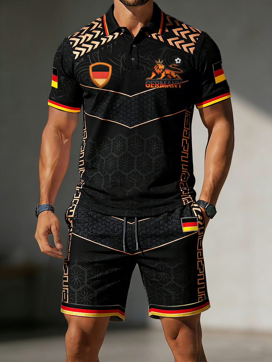 Herren-Set aus schwarzer Freizeit-Poloshirt mit deutschen Fußballmotiven und Shorts