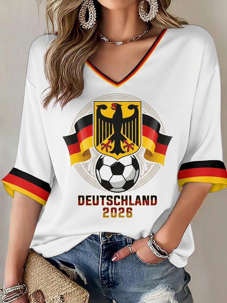 Damen-T-Shirt mit deutschem Fußballmotiv, bedruckt, mittellange Ärmel, V-Ausschnitt