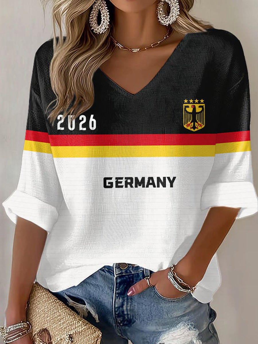 Damen-Deutschland-Fußballfan-Print-Waffel-T-Shirt