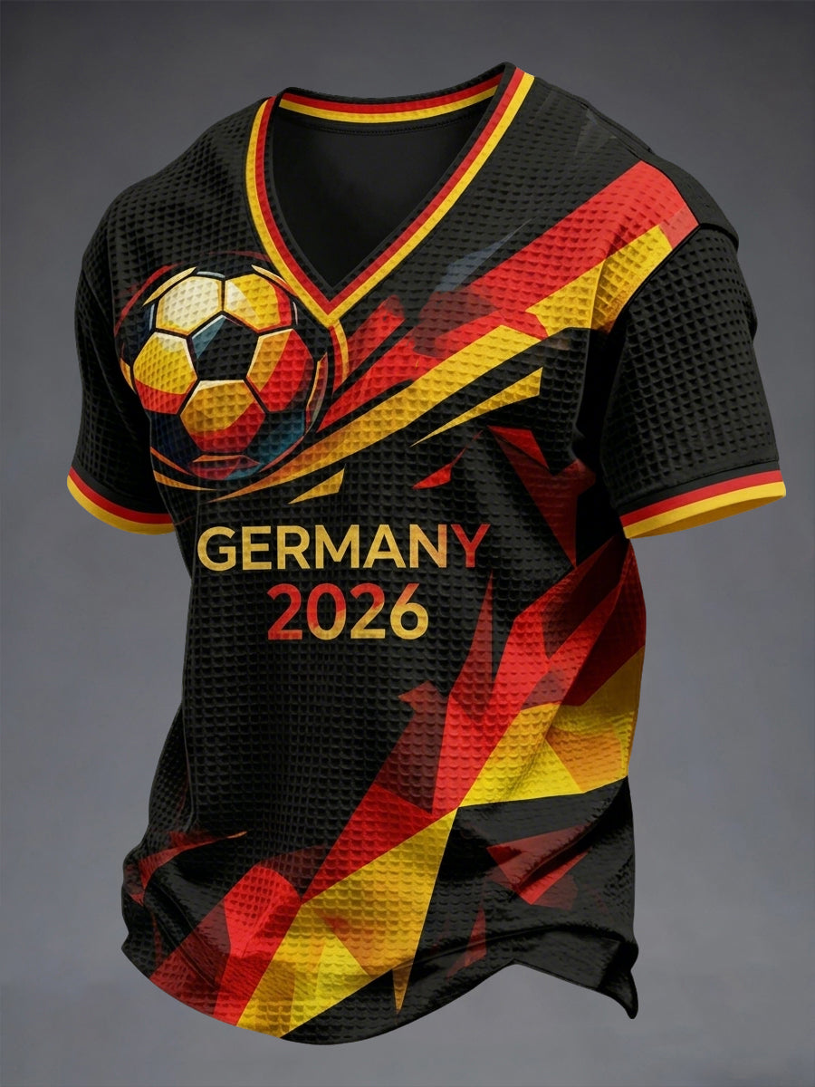 Herren Deutschland Fußballfan-Print Waffel-Struktur Freizeit-T-Shirt