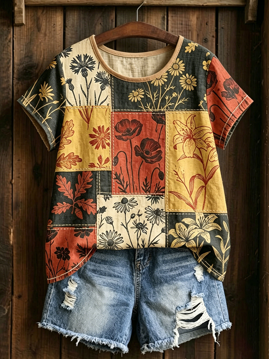 Damen-Floral-Leinen-T-Shirt mit kurzen Ärmeln