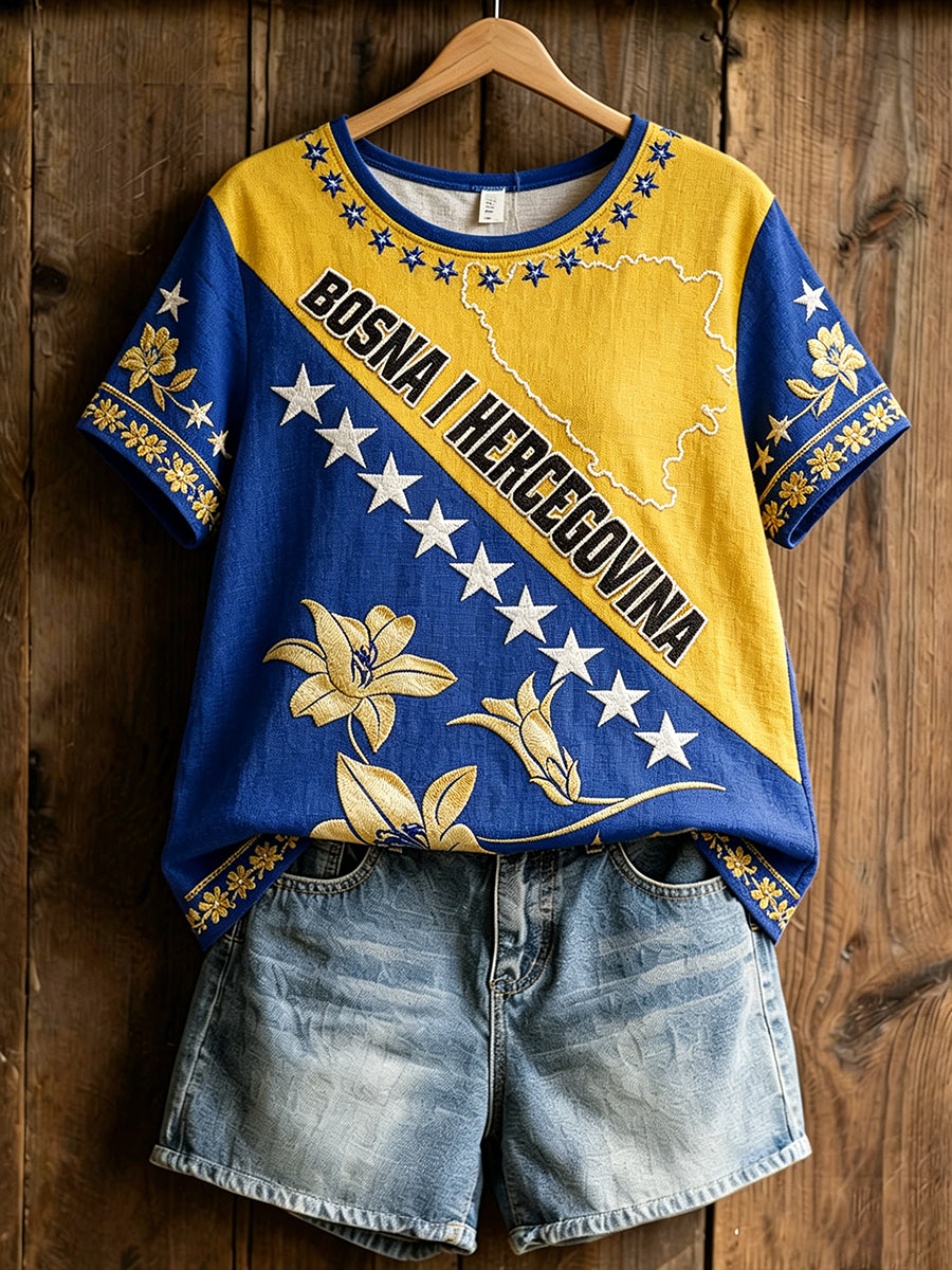 Damen-Bosnien-Fußball-Liebhaber-Kunstdruck-Leinen-T-Shirt