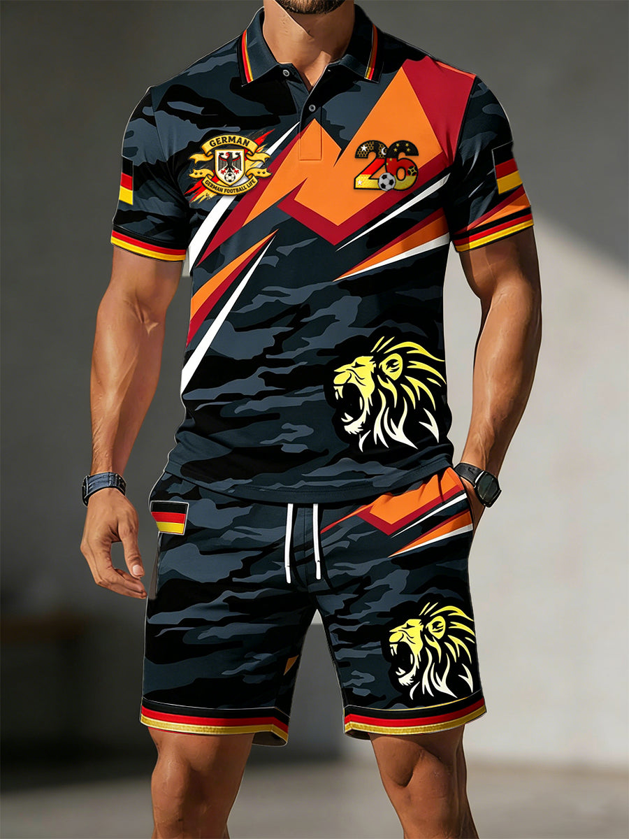 Herren-Set aus Sport-Poloshirt und Shorts mit Löwendruck, Deutschland-Fußballmotiv, 2026