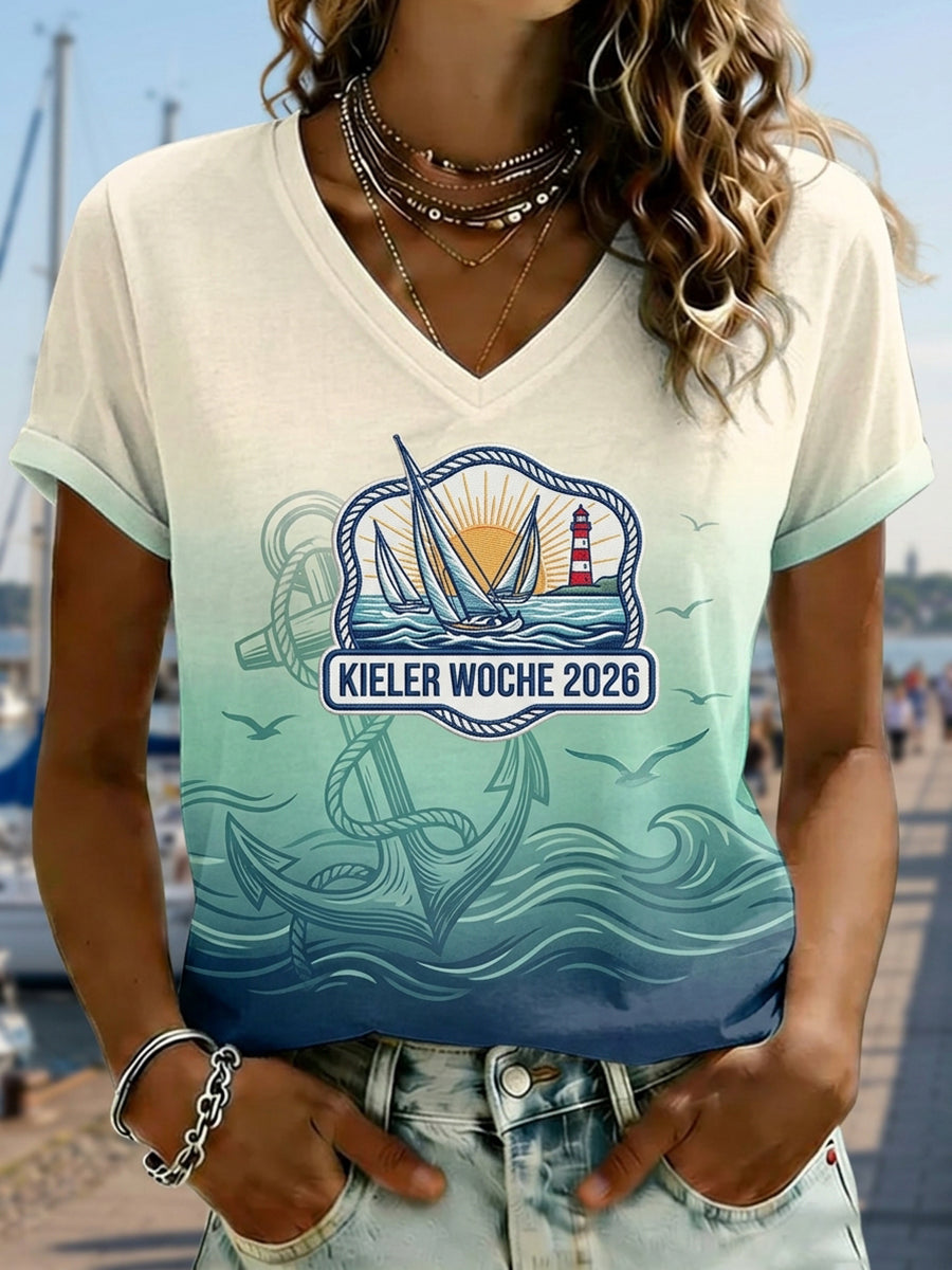 Damen-Kieler-Woche-Print-Lässiges T-Shirt
