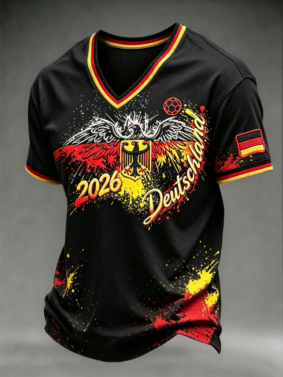 Herren Schwarz Deutscher Fußball Adler Print 2026 Lässiges T-Shirt mit V-Ausschnitt