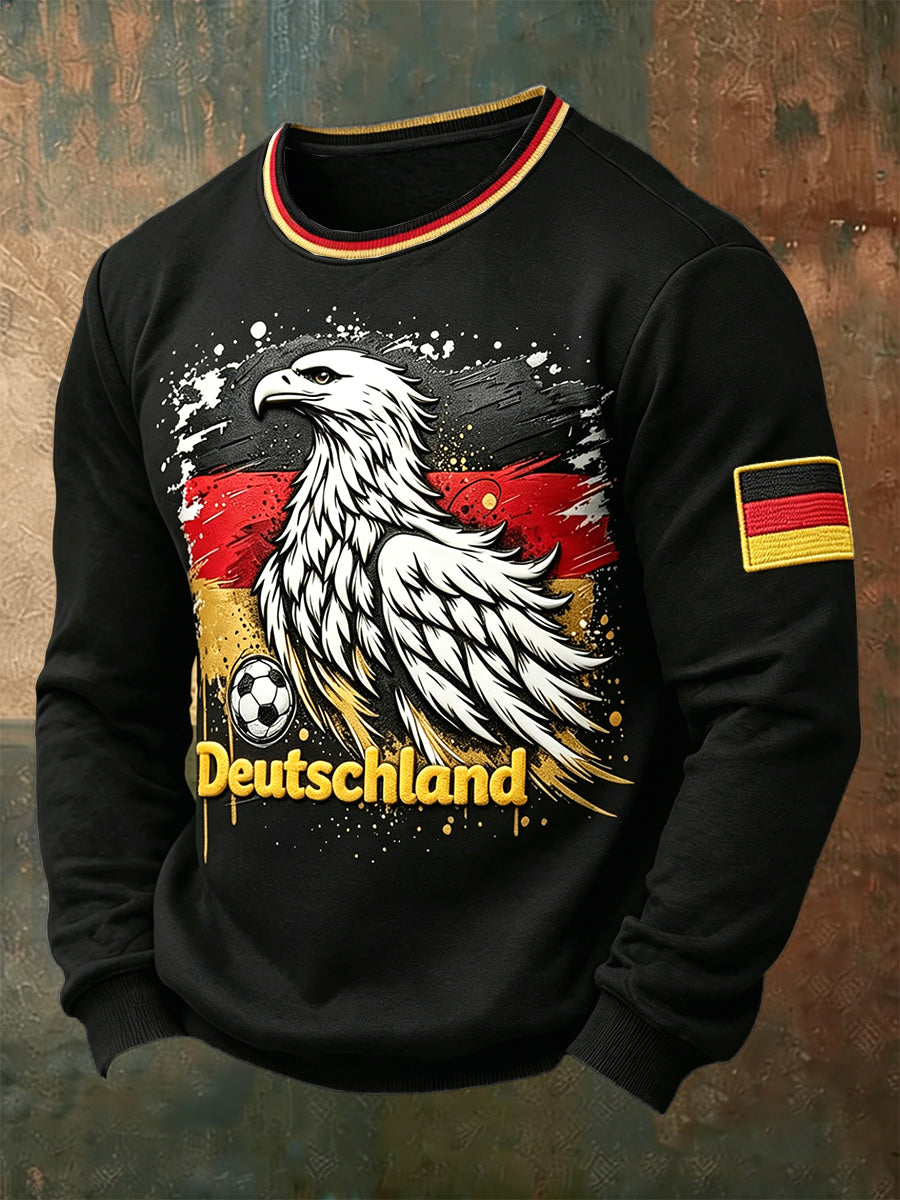 Männer deutsche Flagge Fußball Adler Print Schwarz Lässiges T-Shirt mit langen Ärmeln