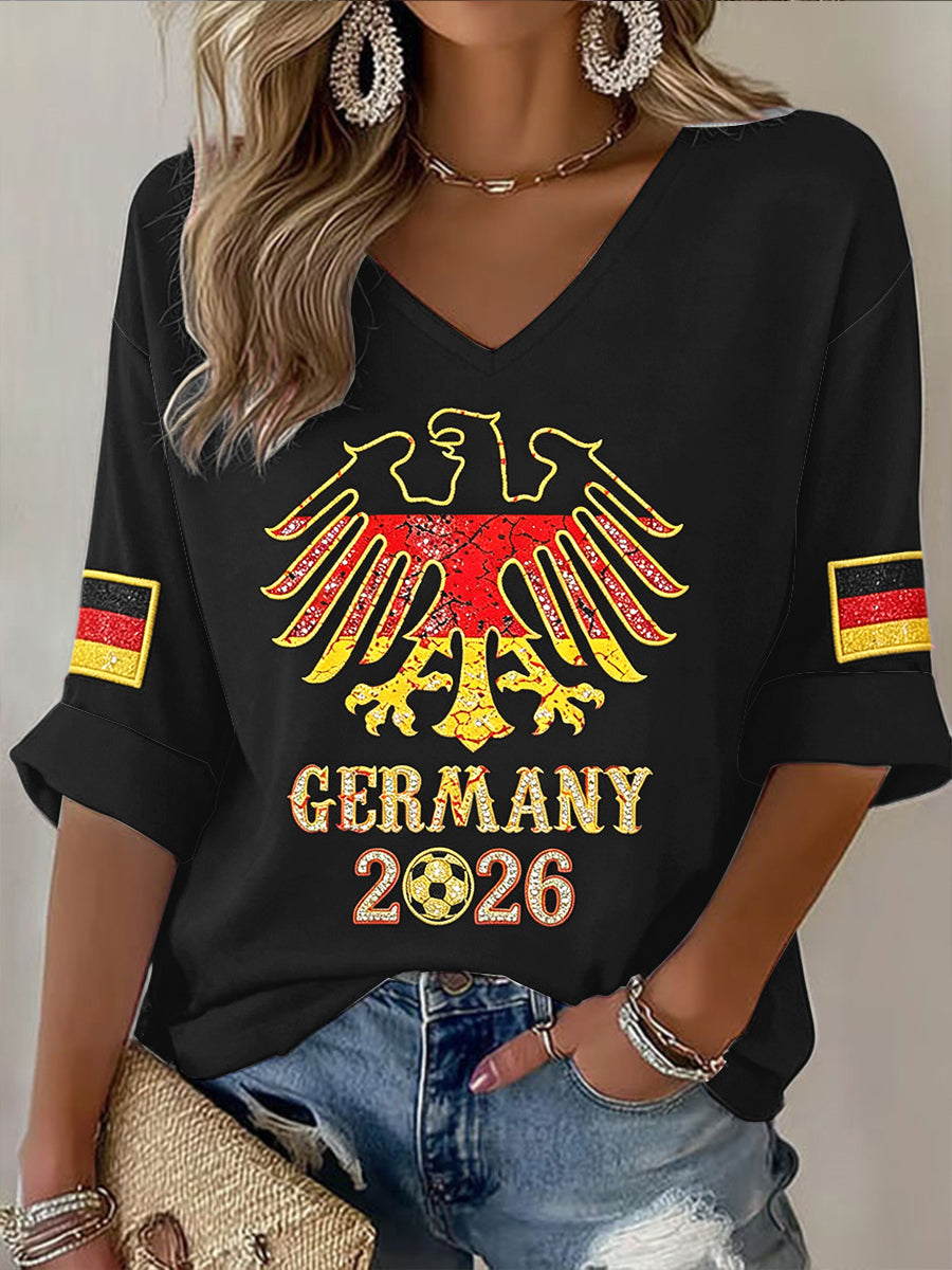 Damen-Deutschland-2026-Fußball-Print-Lässiges V-Ausschnitt-T-Shirt