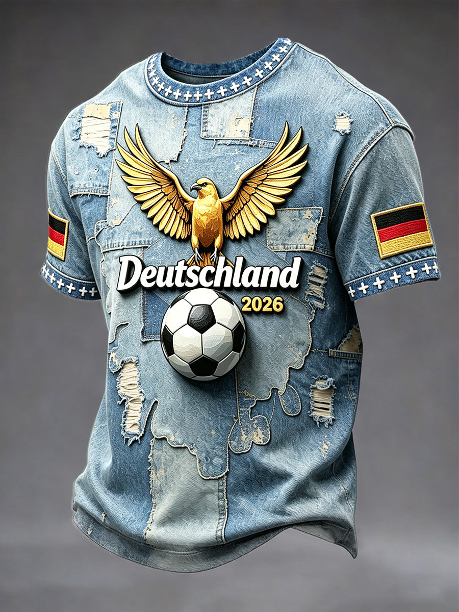 Herren-Retro-T-Shirt im Denim-Look mit Patchwork-Print, fußballinspiriert, lässig