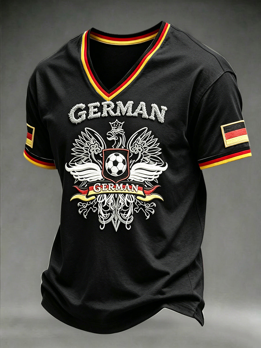 Herren Schwarz Deutscher Fußball-Print Freizeit V-Ausschnitt T-Shirt
