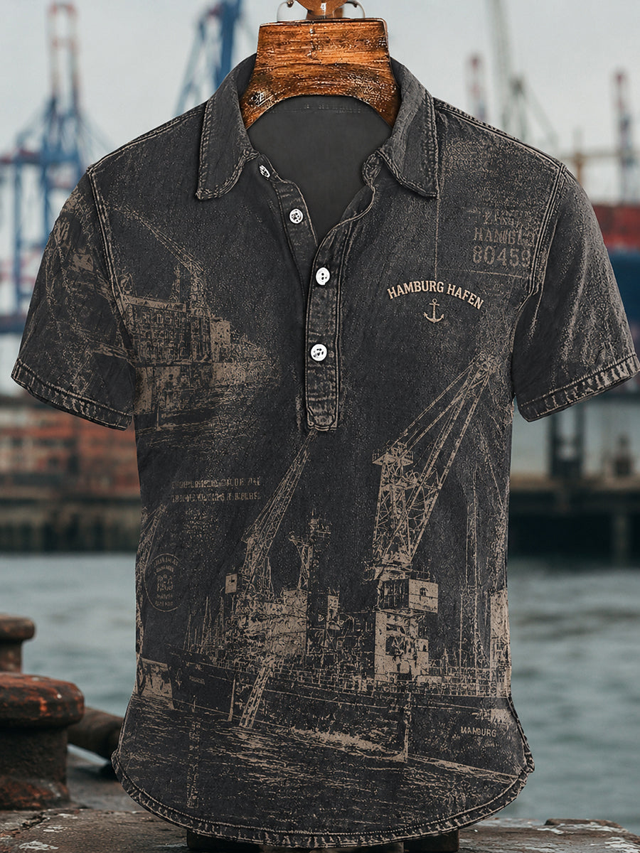 Herren-Lässiges Hemd im Retro-Stil mit Hafenmotiv aus Hamburg