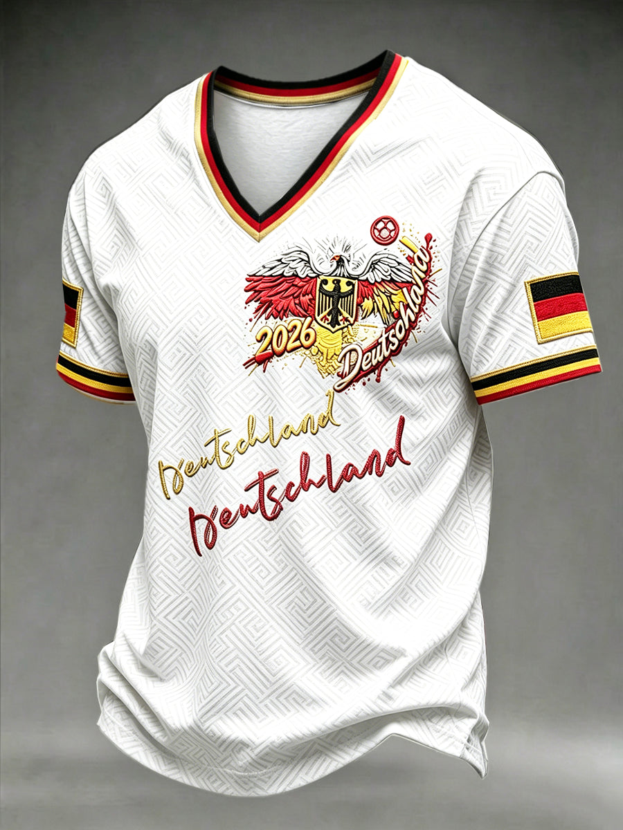 Herren-T-Shirt in Weiß mit Fußball-Print und V-Ausschnitt, lässig geschnitten