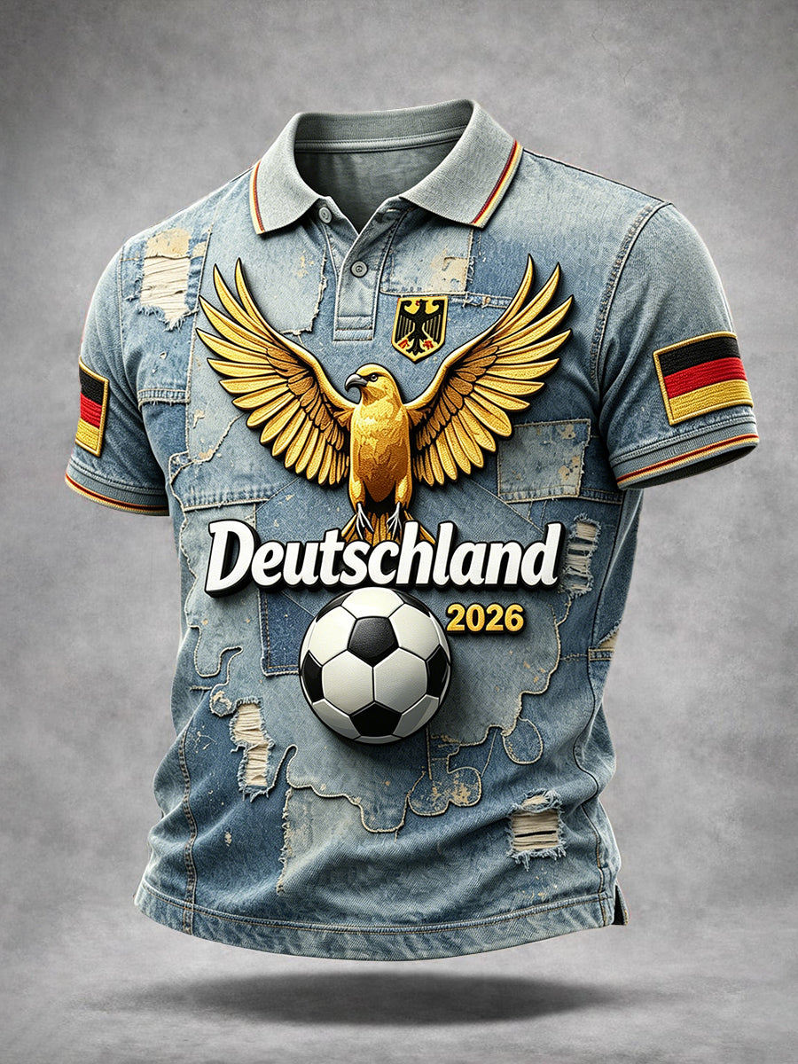 Herren-Vintage-Denim-Poloshirt mit deutschem Fußball-Print, lässig geschnitten