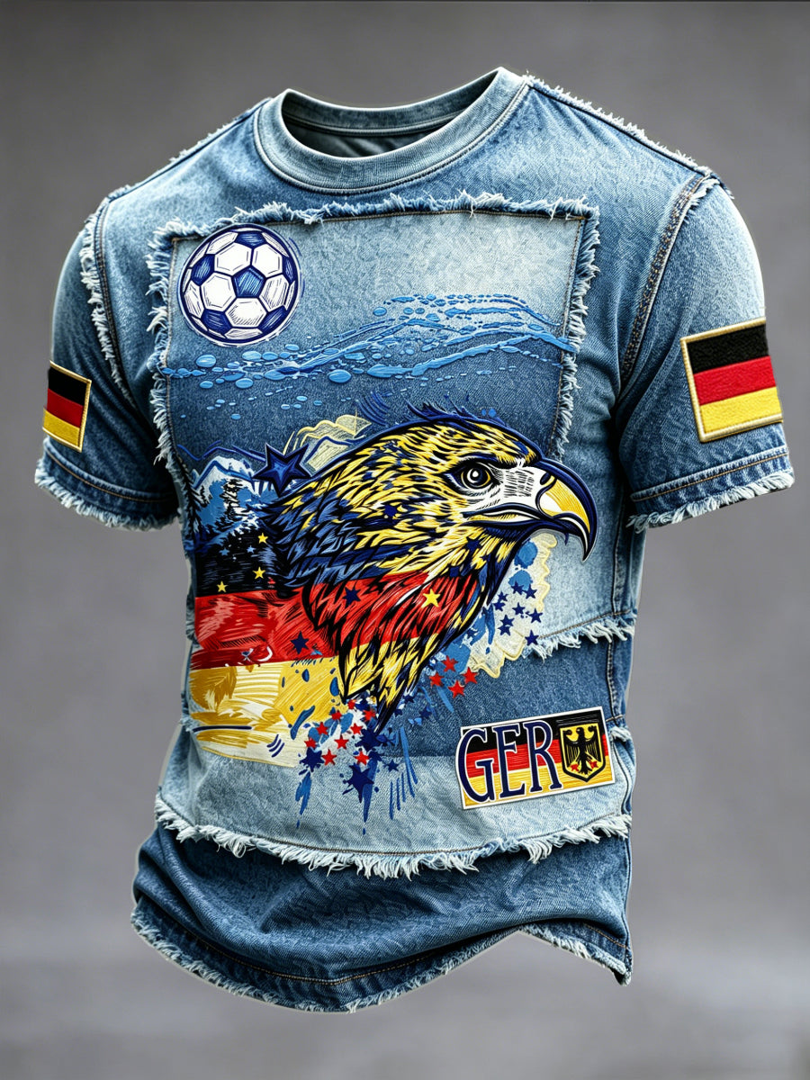 Herren-Casual-T-Shirt im Denim-Optik-Patchwork-Stil mit deutschem Adler-Graffiti-Fußballmotiv