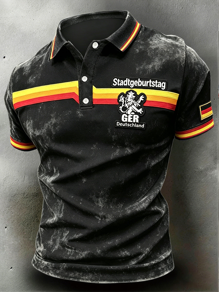 Herren-Poloshirt in Schwarz mit Retro-München-Streifen, lässiger Stil