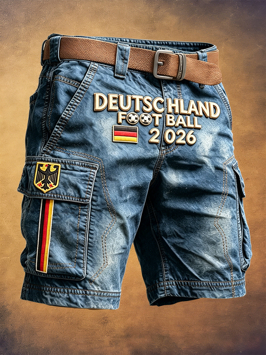 Herren-Shorts in Blau, vom deutschen Fußball inspiriertes Denim-Print, lässig für die Arbeit
