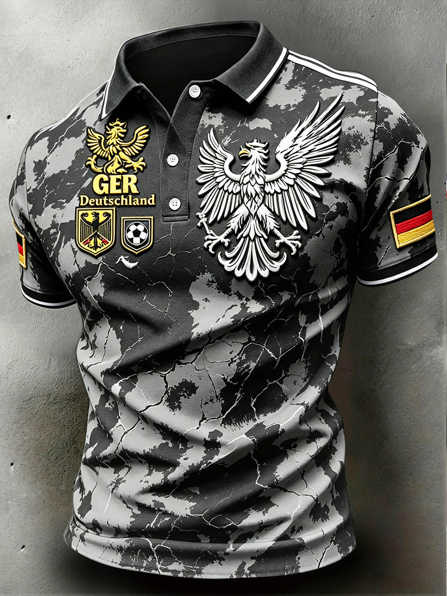 Herren-Poloshirt in Schwarz, deutsches Vintage-Design mit 3D-Druck, lässig geschnitten