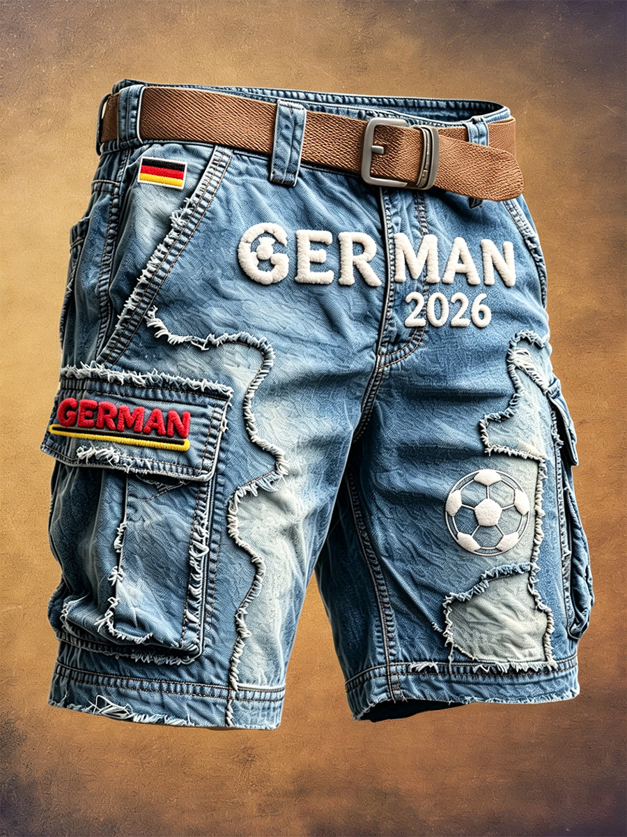 Herren-Casual-Arbeits-Shorts im deutschen Fußball-Stil mit Denim-Print, Modelljahr 2026