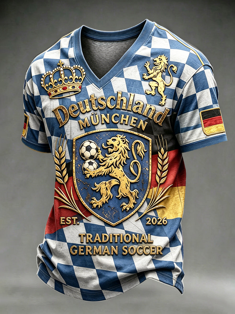 Herren-T-Shirt im Retro-Stil mit Karomuster und V-Ausschnitt, lässig, deutscher Fußball-Style