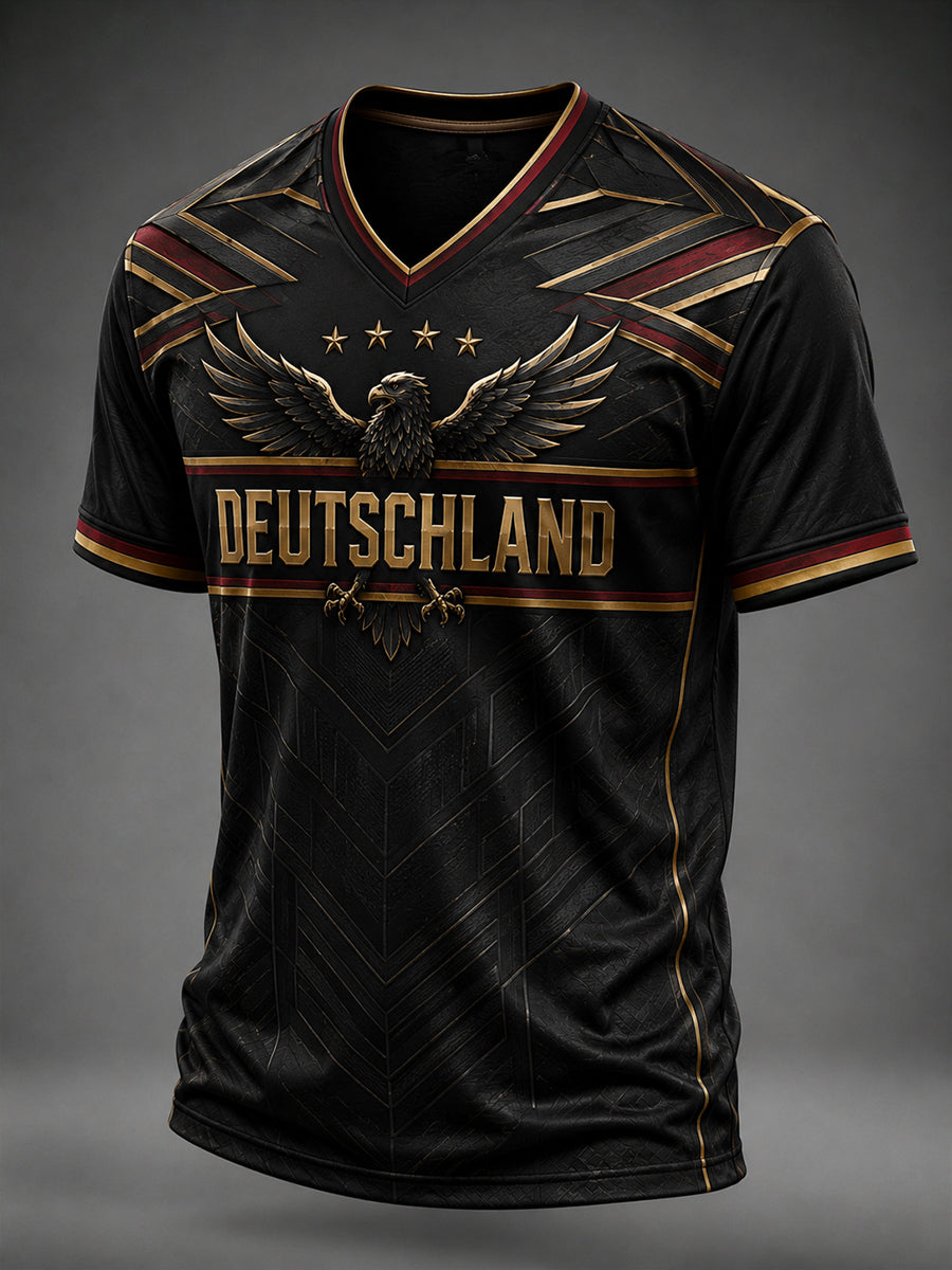 Herren-Fußballfan-T-Shirt aus Deutschland mit V-Ausschnitt und Print
