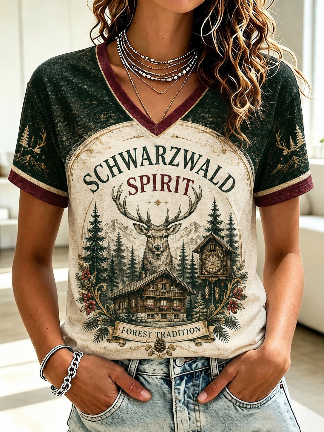 Damen-T-Shirt aus Deutschland im Schwarzwald-Stil mit V-Ausschnitt und Vintage-Print