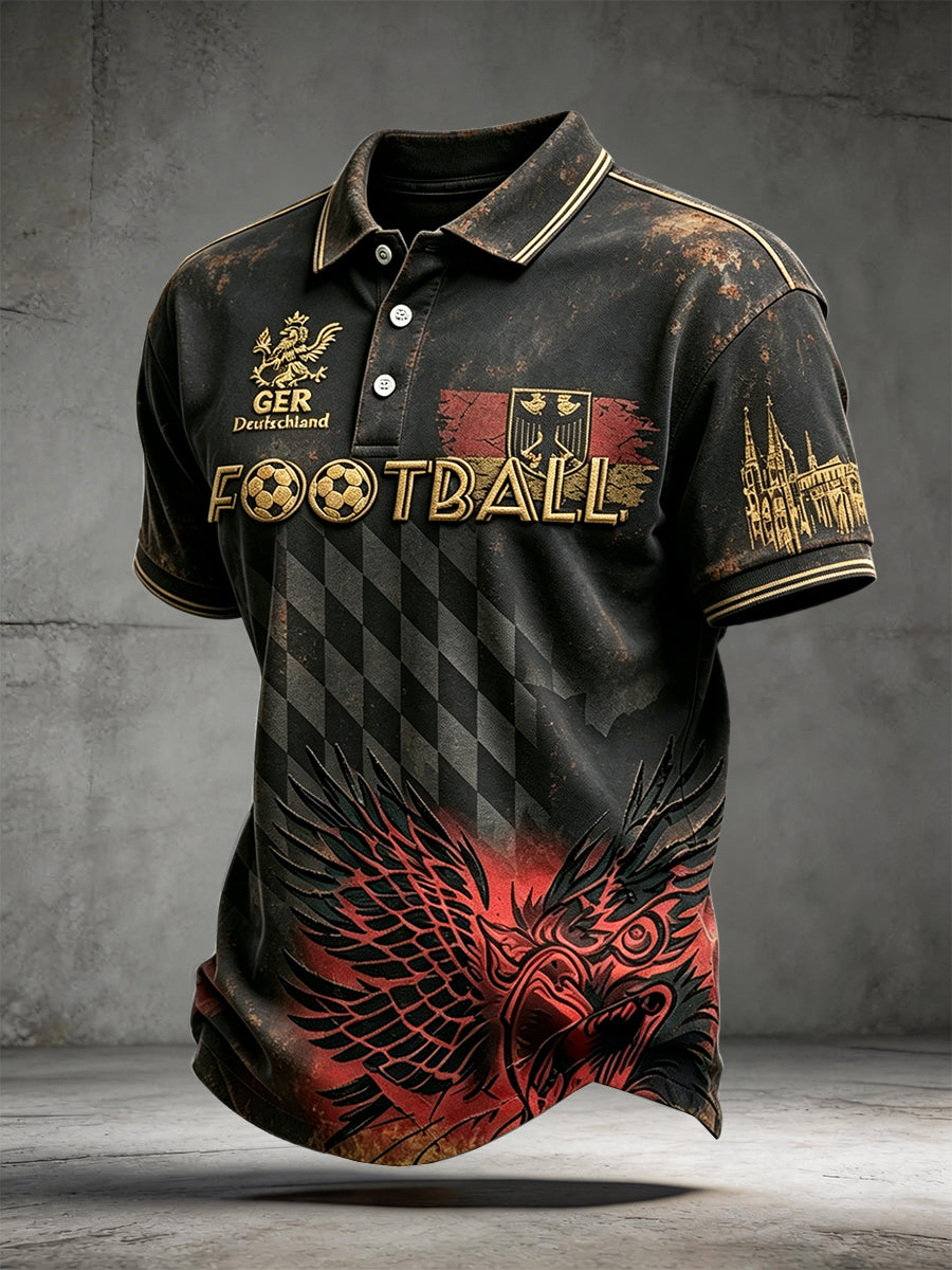 Herren-Poloshirt in Schwarz mit deutschem Fußball-Karomuster, lässig und vintage