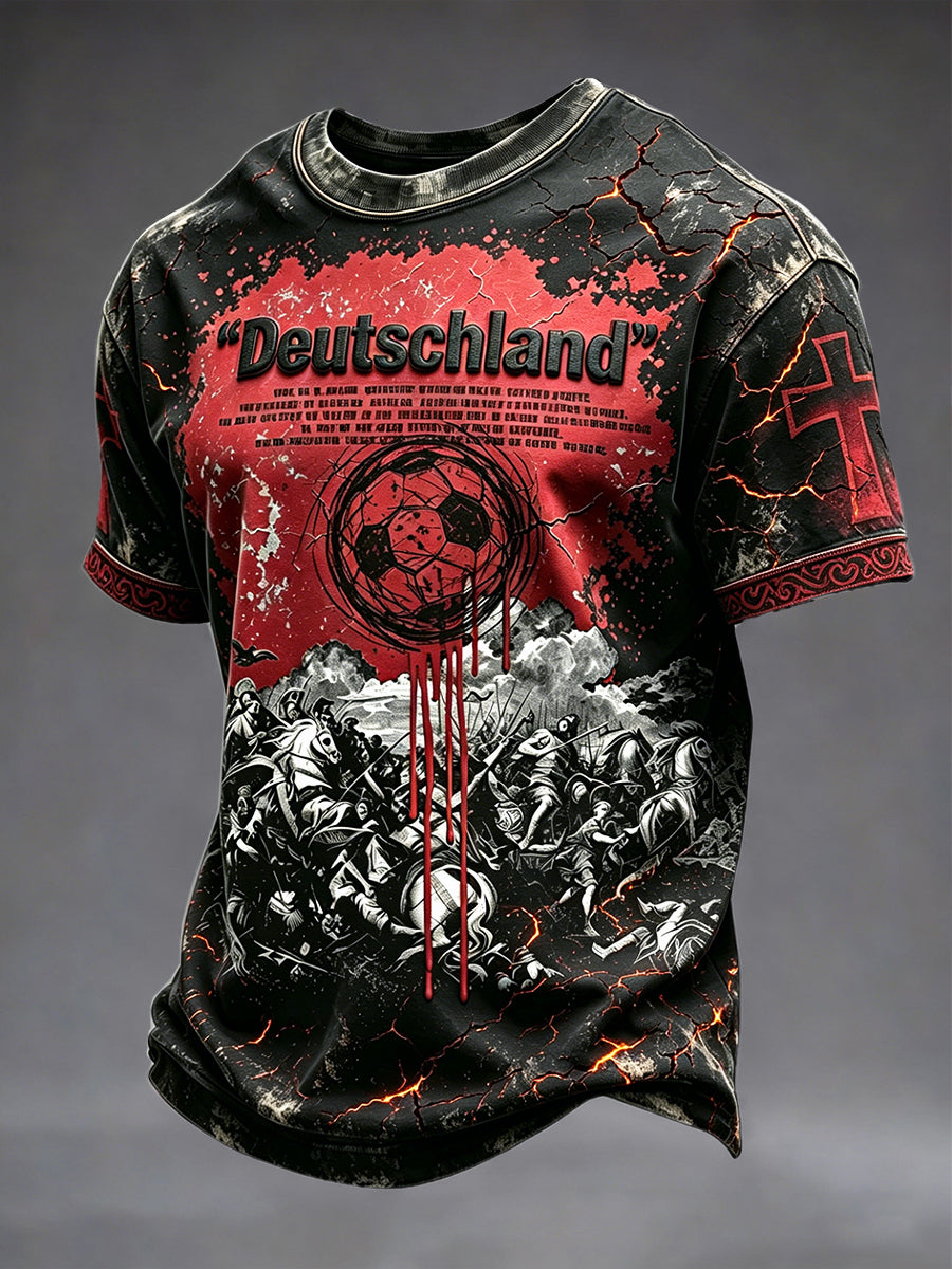 Herren-T-Shirt in Schwarz mit deutschem Ritter- und Fußballmotiv im gotischen Stil, lässig geschnitten