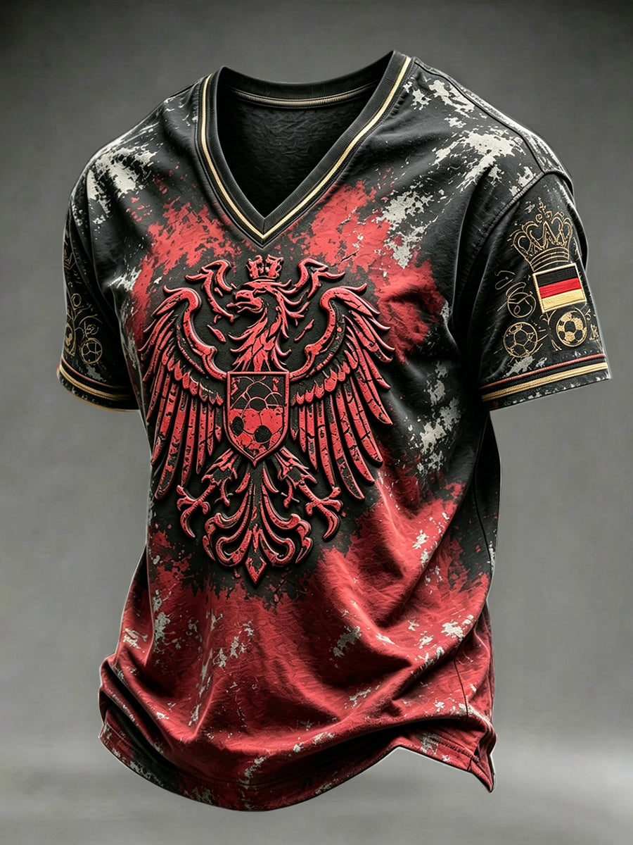 Herren-T-Shirt im Dark-Style mit deutschem Fußball-Eagle-Print und V-Ausschnitt, lässig geschnitten