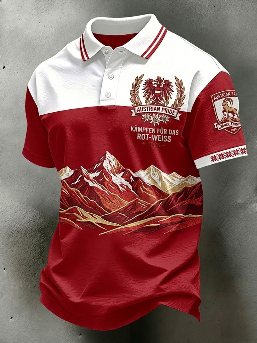 Lässiges Poloshirt im Retro-Stil mit österreichischem Alpenmotiv