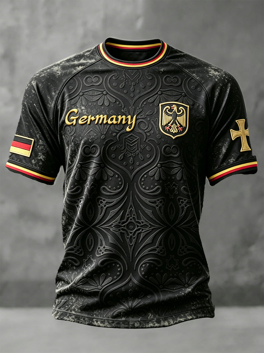 Herren-T-Shirt in Schwarz mit deutschem Aufdruck, lässiger Drop-Shoulder-Schnitt