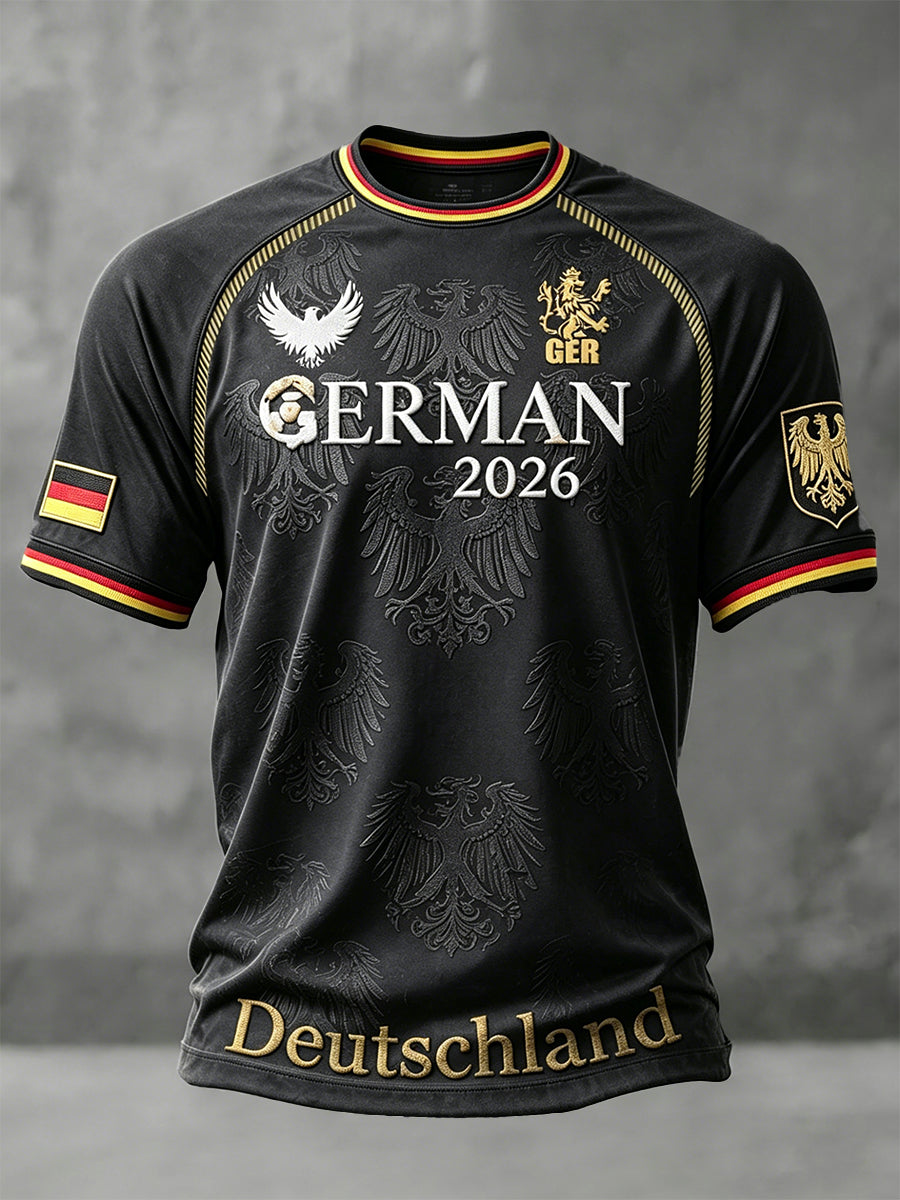 Herren-T-Shirt in Schwarz mit Deutschland-2026-Print, lässig, Schulterabfall-Design