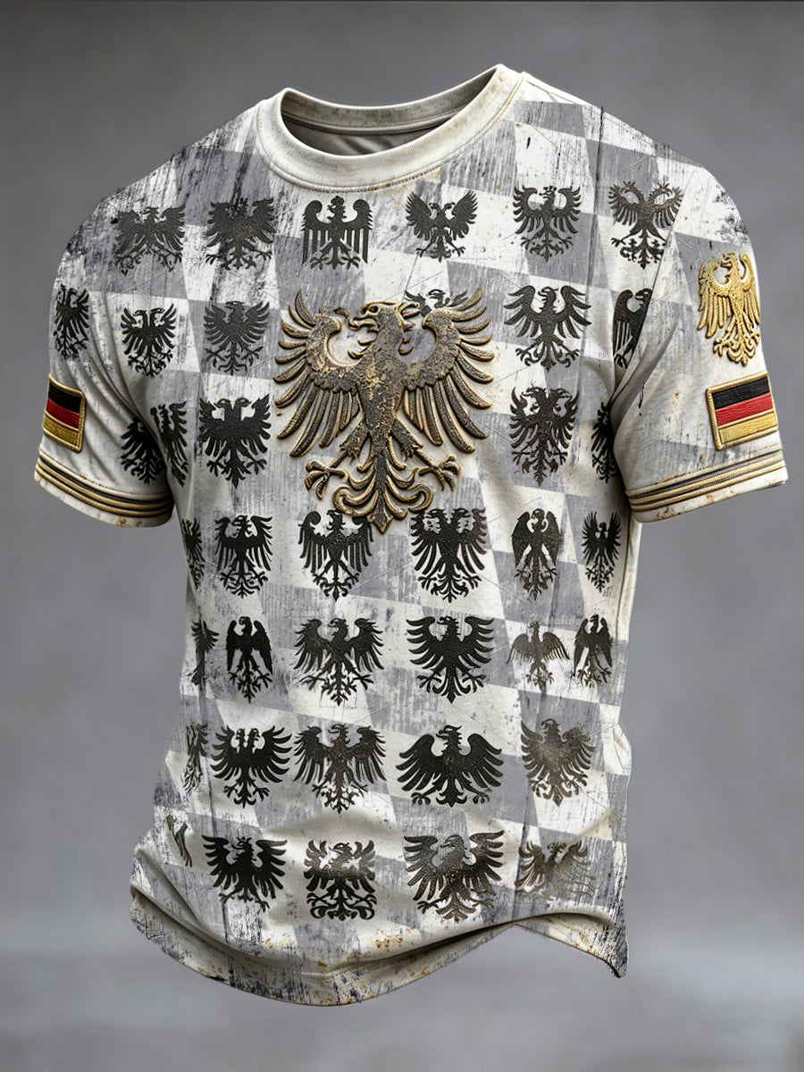 Herren-T-Shirt in Schwarz mit Adler- und Karomuster, lässiger Stil, made in Germany, München