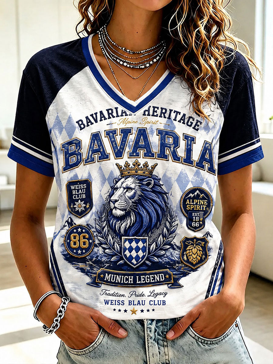 Damen-T-Shirt mit deutschem bayerischen Löwen-Print und V-Ausschnitt