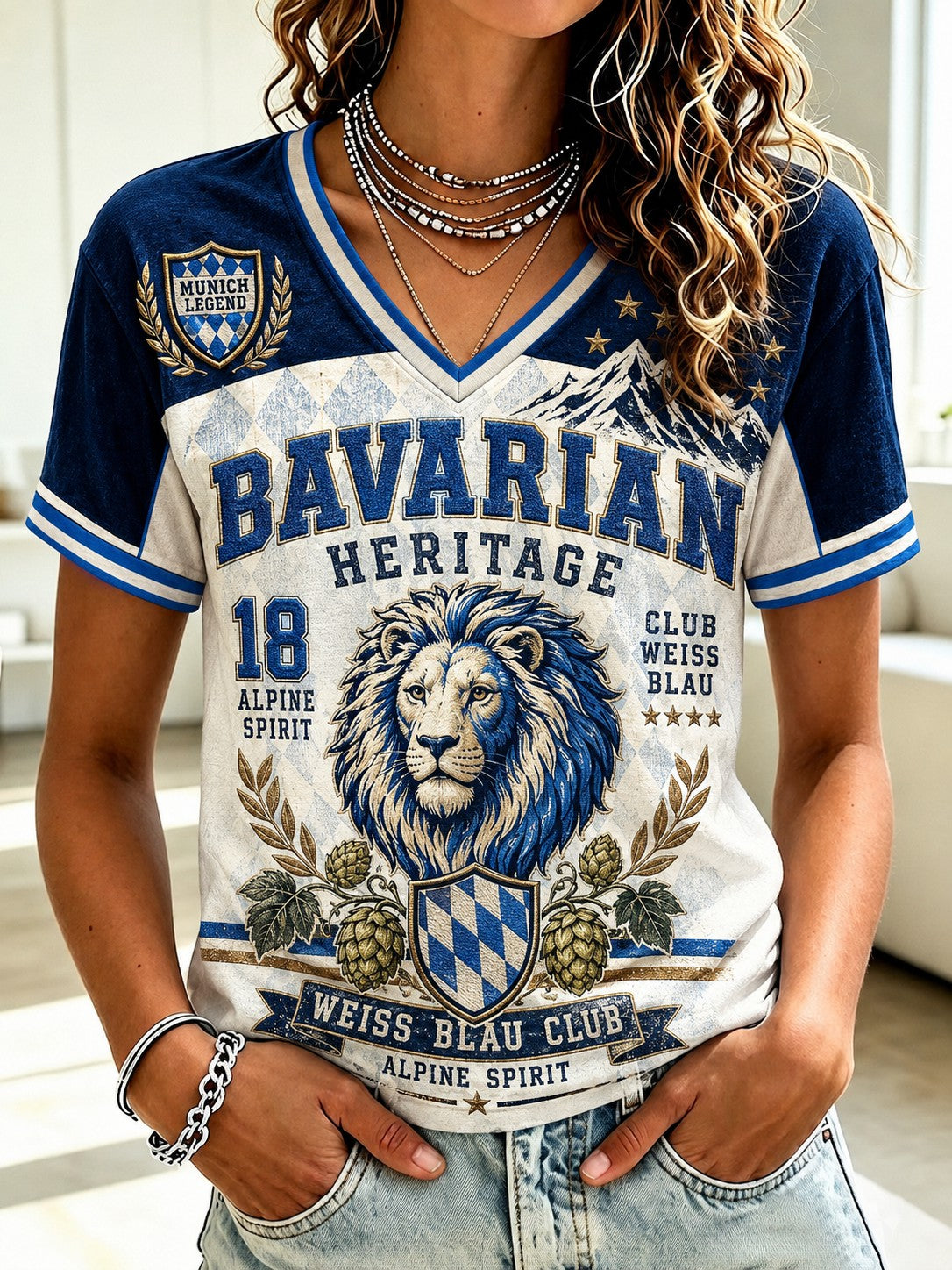 Damen-T-Shirt mit deutschem bayerischen Löwen-Print und V-Ausschnitt
